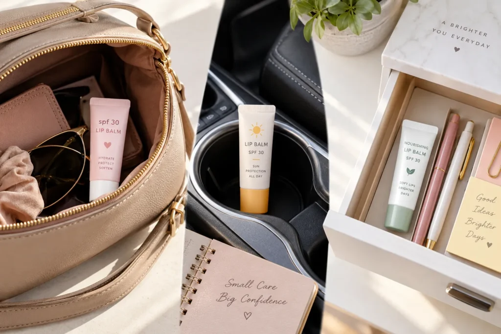 10 Best Lip Sunscreen Tips for Everyday Protection 3 Lip balm tubes placed in purse car and desk drawer