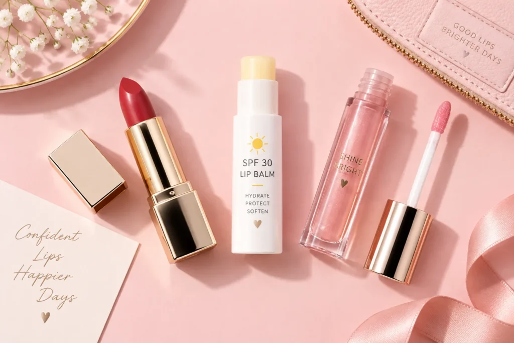 10 Best Lip Sunscreen Tips for Everyday Protection 5 SPF lip balm next to lipstick and gloss for layering