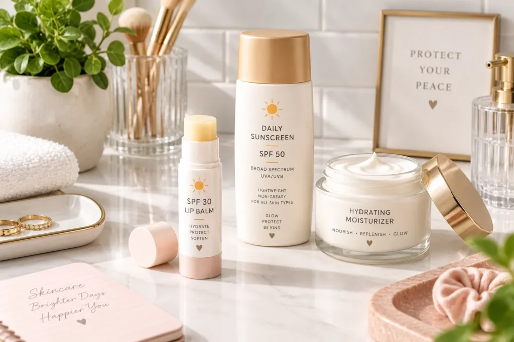 10 Best Lip Sunscreen Tips for Everyday Protection 11 Morning skin care routine flat lay including SPF lip balm