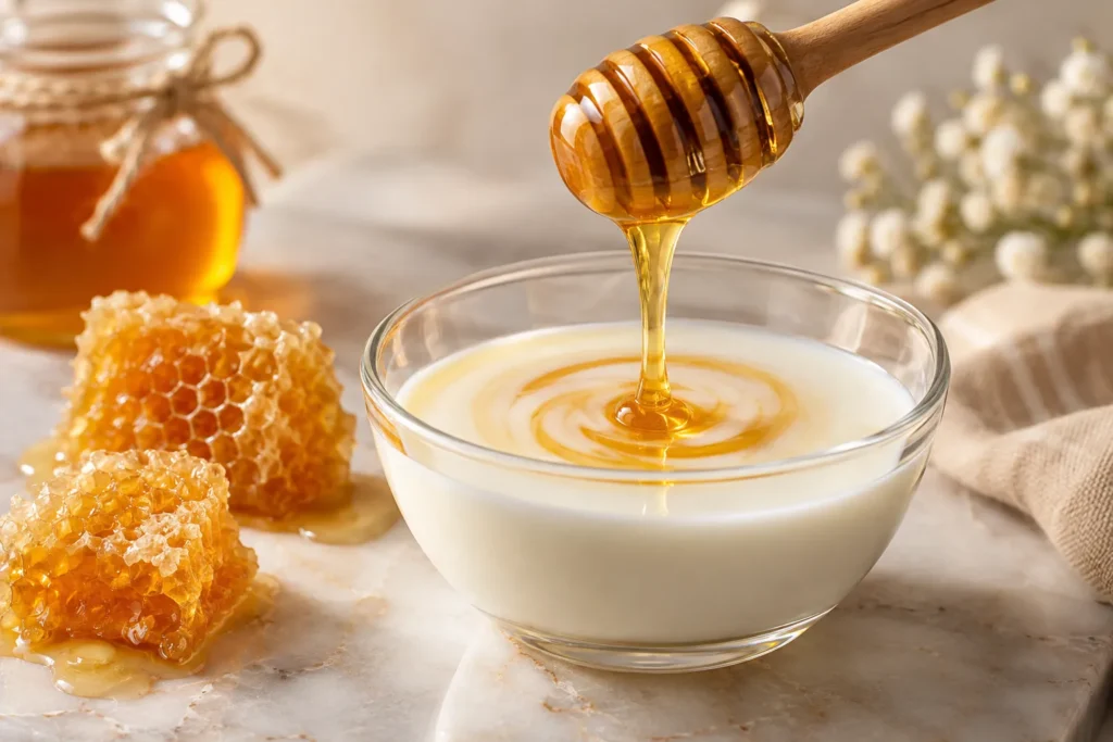 10 Milk Moisturizer Ideas for Naturally Soft Skin 3 Honey drizzling into milk to make a hydrating face mask