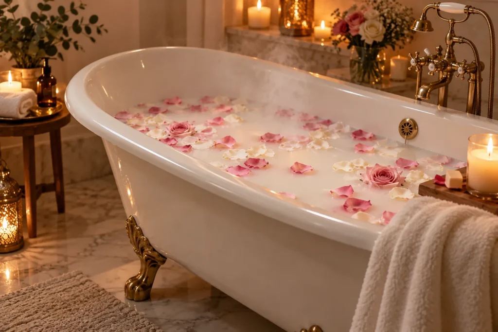 10 Milk Moisturizer Ideas for Naturally Soft Skin 5 Milk bath soak with rose petals for softer body skin