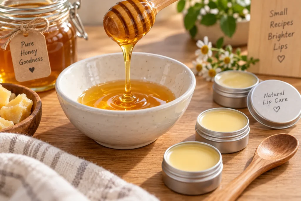 10 Nourishing Lip Balm Ideas for Softer, Healthier Lips 3 Honey drizzling into lip balm ingredients for natural lip care