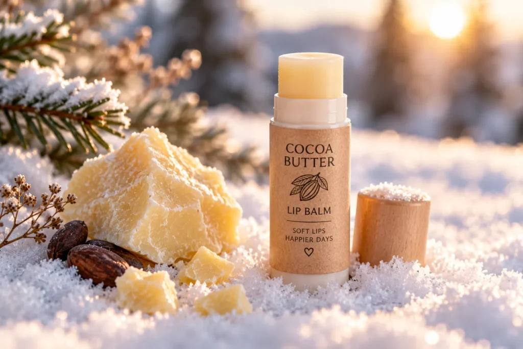 10 Nourishing Lip Balm Ideas for Softer, Healthier Lips 7 Cocoa butter lip balm stick in snow for winter lip protection