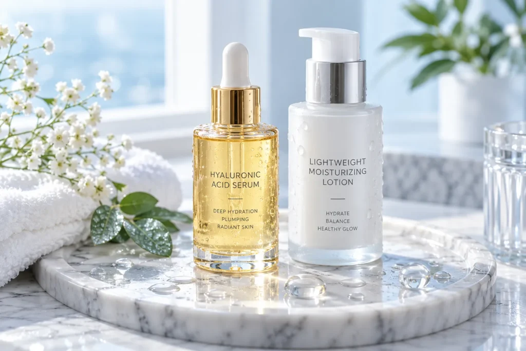 10 Moisturizing Lotions for Silky, Hydrated Skin 3 Hyaluronic acid dropper bottle beside lightweight hydrating lotion on marble tray