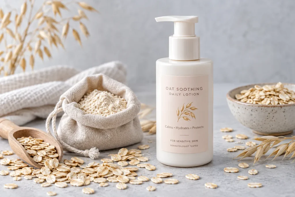 10 Moisturizing Lotions for Silky, Hydrated Skin 5 Oats scattered beside a soothing lotion bottle for sensitive skin