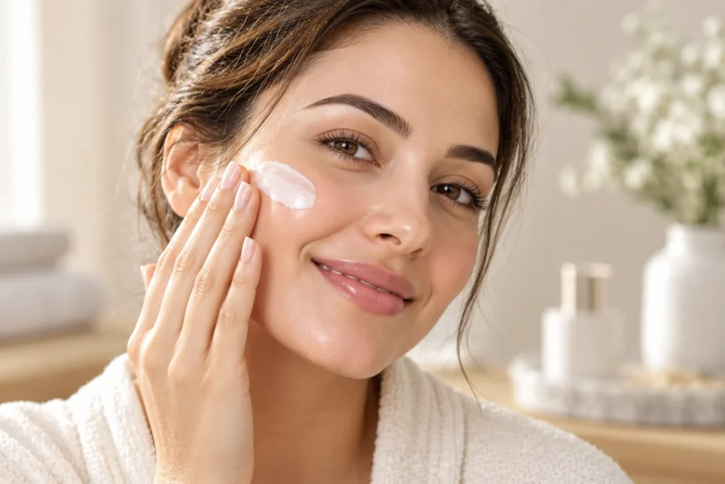 10 Moisturizing Lotions for Silky, Hydrated Skin 7 Woman patting niacinamide lotion onto glowing, even toned skin