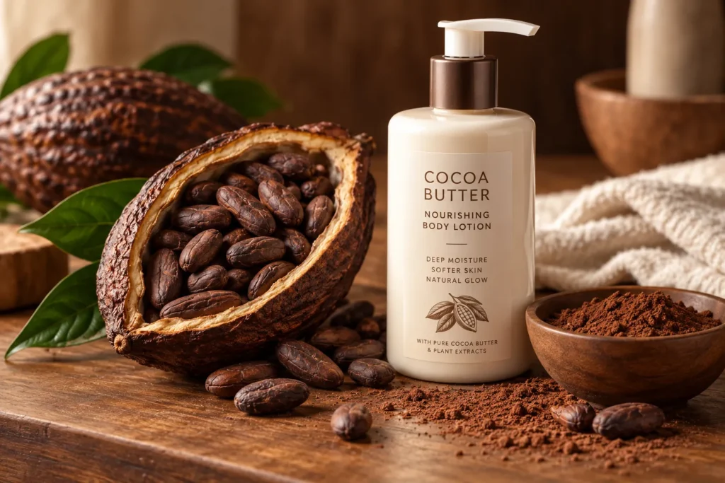10 Moisturizing Lotions for Silky, Hydrated Skin 9 Cracked cocoa pod beside a rich cocoa butter body lotion bottle