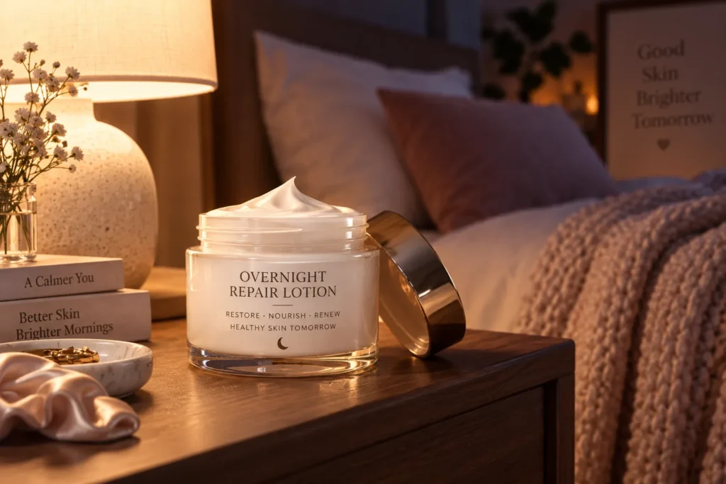 10 Moisturizing Lotions for Silky, Hydrated Skin 11 Overnight repair lotion jar on nightstand in a cozy, dimly lit bedroom