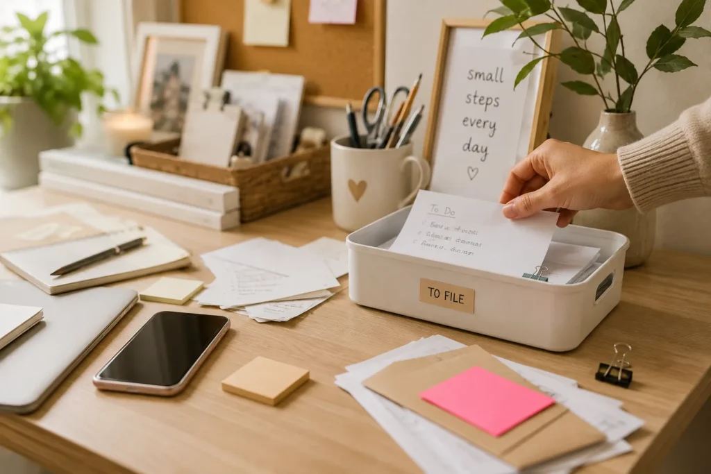 10 New Tricks That Make Everyday Life Less Stressful 9 Organizing a task into small manageable steps on a home desk