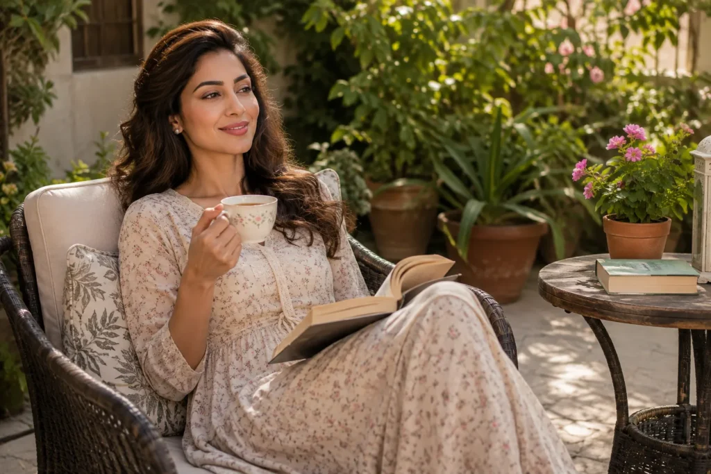10 New Tricks That Make Everyday Life Less Stressful 11 Woman enjoying an unplanned free hour outside with tea and a book