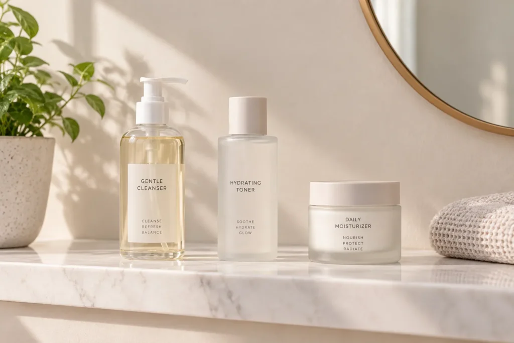 10 Quick Guide Tips You Need to Know Today 5 Minimalist skin care shelf with a few simple product bottles