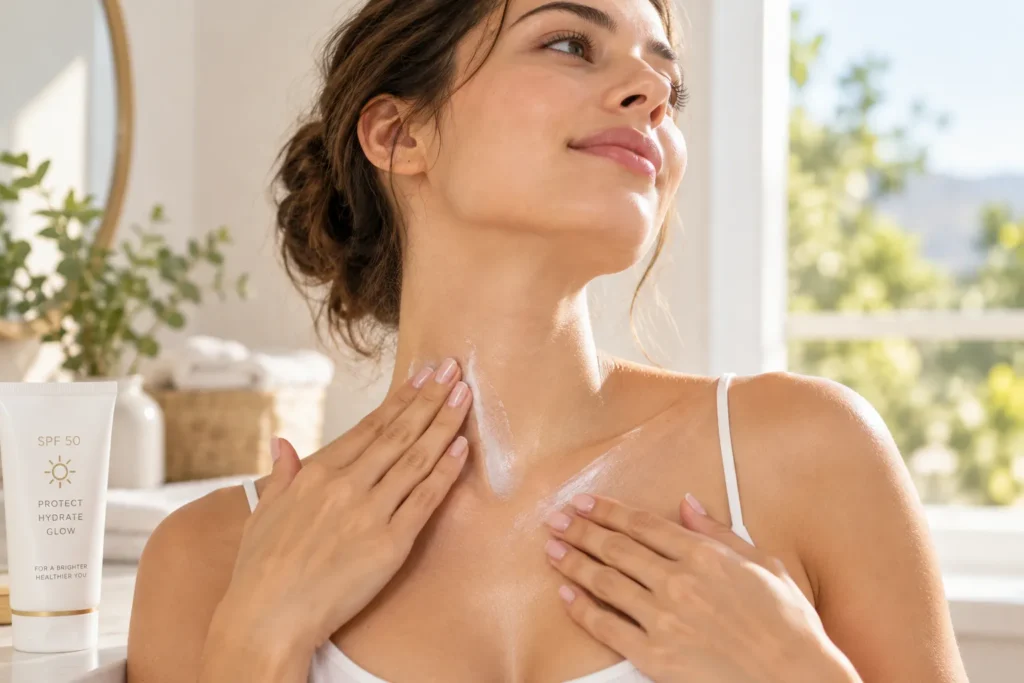 10 Quick Guide Tips You Need to Know Today 7 Woman applying sunscreen to her neck and collarbone