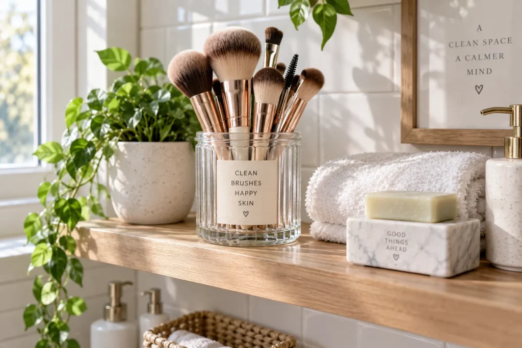 10 Quick Guide Tips You Need to Know Today 11 Clean makeup brushes stored bristle side up in a glass jar