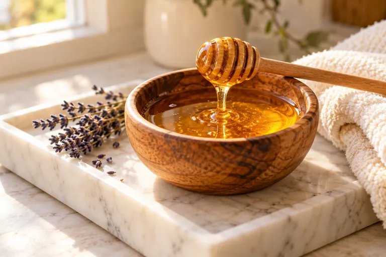 10 Real Skin Care Ideas for Naturally Glowing Skin 3 Wooden bowl of golden raw honey with a dipper on a marble tray for a natural honey face mask