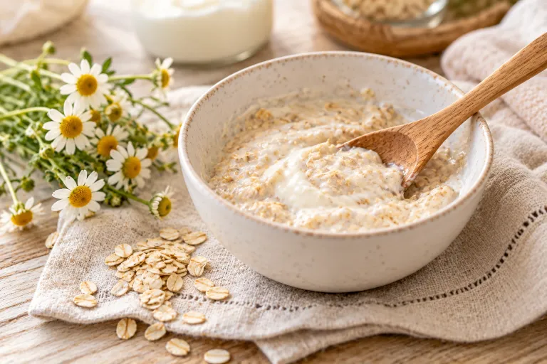 10 Real Skin Care Ideas for Naturally Glowing Skin 5 Bowl of homemade oatmeal and yogurt exfoliating mask with a spoon on a light linen cloth
