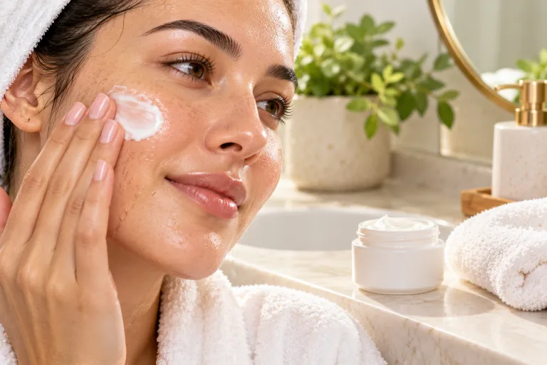 10 Real Skin Care Ideas for Naturally Glowing Skin 7 Hand pressing moisturizer onto slightly damp, dewy skin beside an open white cream jar