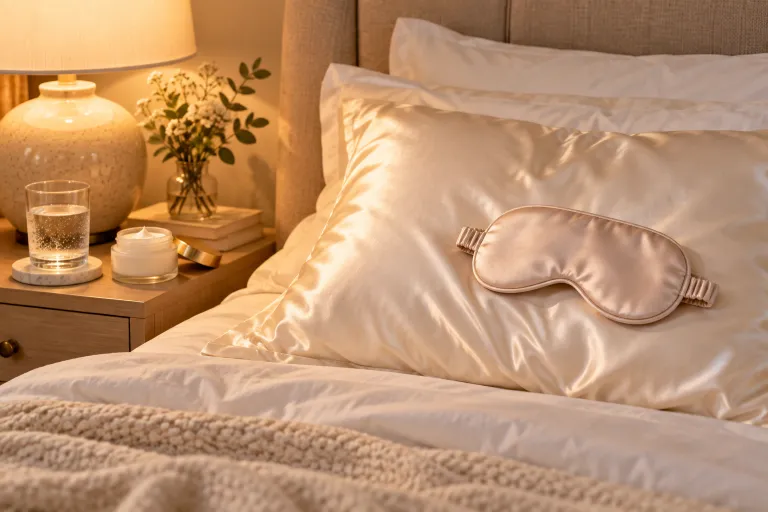 10 Real Skin Care Ideas for Naturally Glowing Skin 9 Neatly made bed with a satin pillowcase and silk eye mask for restful sleep and better skin