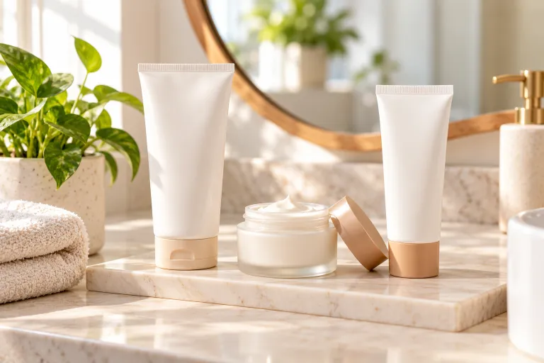 10 Real Skin Care Ideas for Naturally Glowing Skin 11 Simple skin care routine lineup of cleanser, moisturizer, and sunscreen on a tidy bathroom shelf