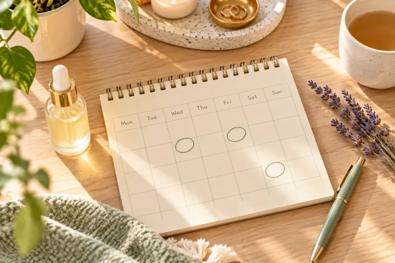 10 Salicylic Acid Tips for Clearer, Smoother Skin 5 Weekly calendar notepad with circled evenings beside a salicylic acid serum bottle