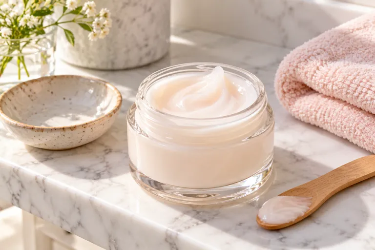 10 Salicylic Acid Tips for Clearer, Smoother Skin 7 Open jar of light gel moisturizer on a marble shelf beside a small ceramic dish