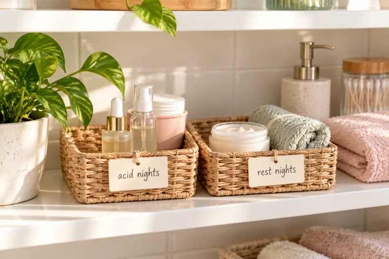 10 Salicylic Acid Tips for Clearer, Smoother Skin 9 Skincare shelf organized into acid nights and rest nights with different serums in woven trays