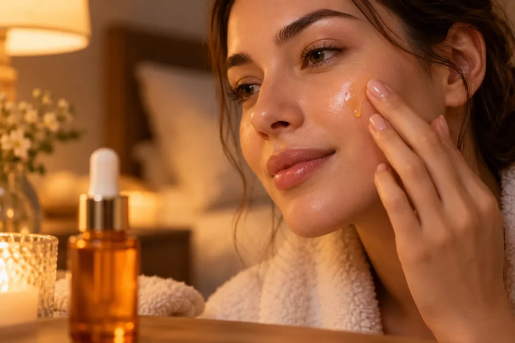 10 Sea Buckthorn Oil Uses for Naturally Glowing Skin 3 Woman pressing sea buckthorn oil into cheek during evening skincare routine