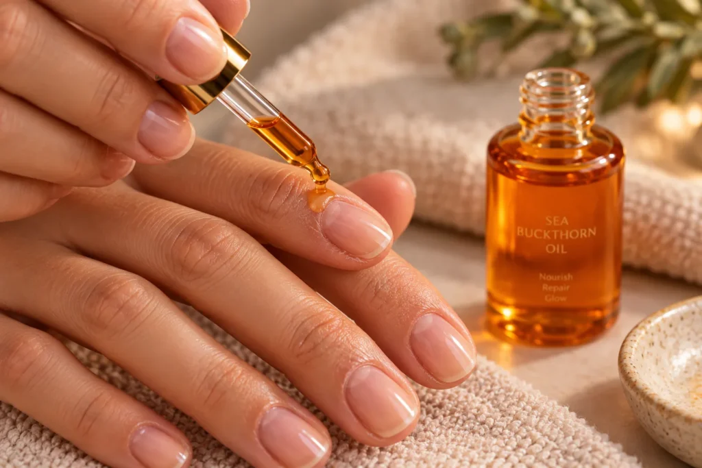 10 Sea Buckthorn Oil Uses for Naturally Glowing Skin 7 Hand applying sea buckthorn oil to dry cracked cuticles