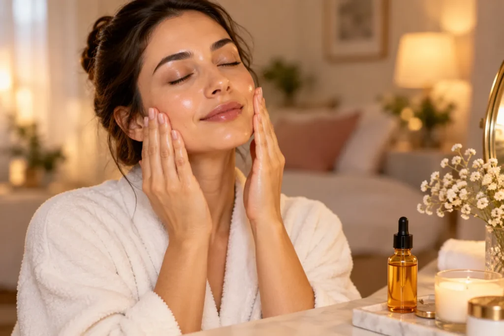 10 Sea Buckthorn Oil Uses for Naturally Glowing Skin 11 Woman massaging sea buckthorn facial oil into skin with eyes closed for a natural glow