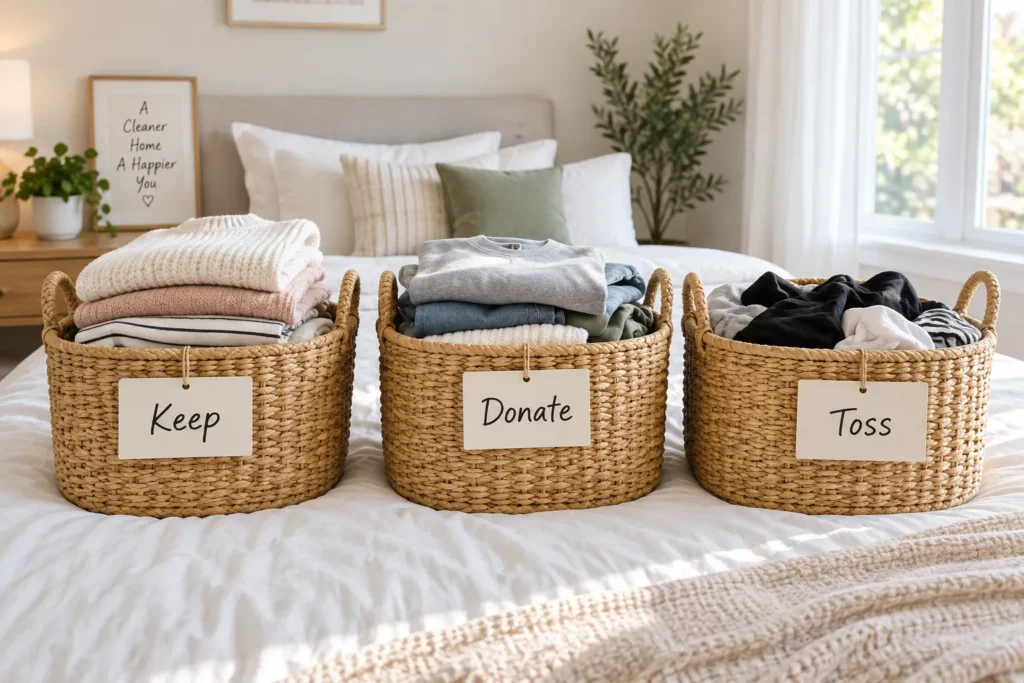 10 Simple Storage Ideas to Organize Every Room 3 Three labeled baskets sorted into keep, donate, and toss piles