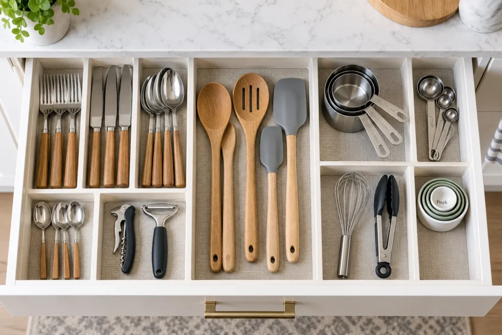 10 Simple Storage Ideas to Organize Every Room 5 Organized kitchen drawer with divided sections for utensils