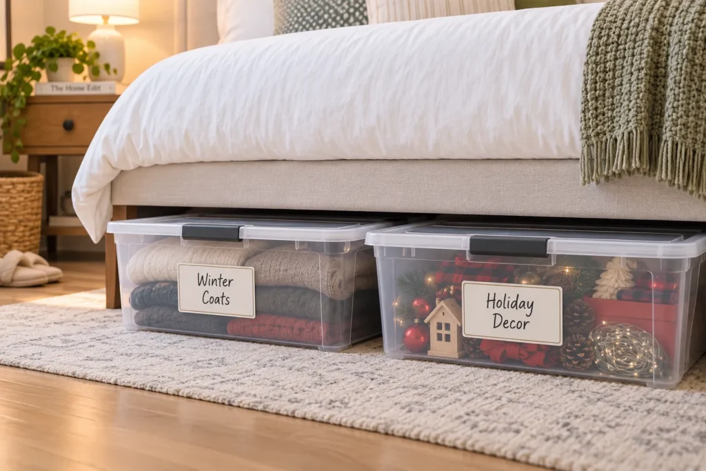 10 Simple Storage Ideas to Organize Every Room 7 Labeled storage bins tucked under a bed for seasonal items