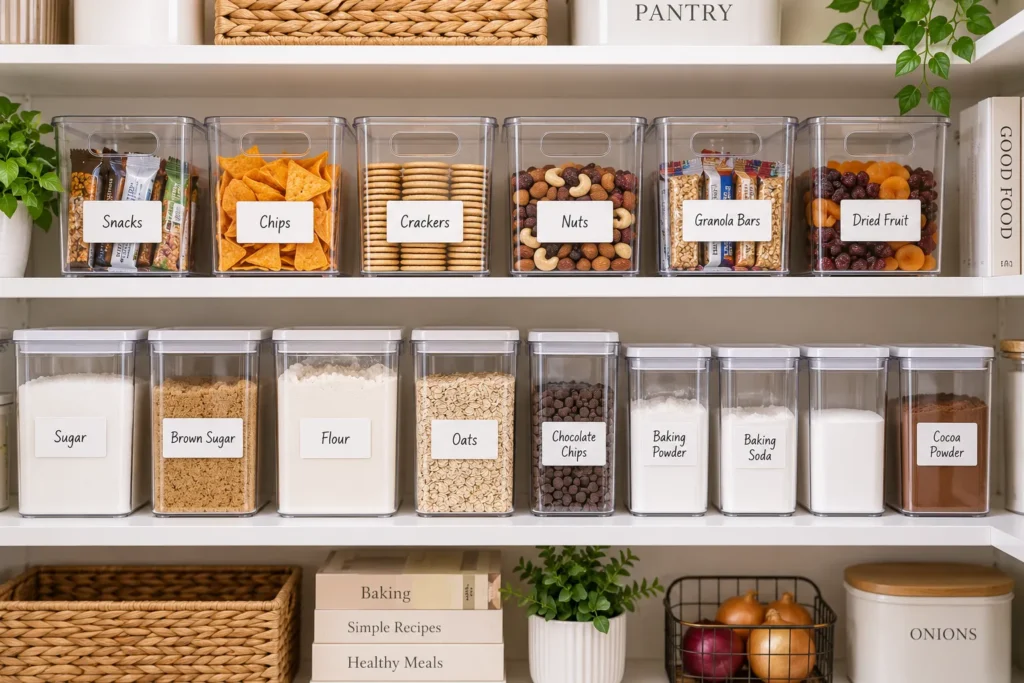 10 Simple Storage Ideas to Organize Every Room 9 Stackable clear bins organizing pantry snacks and baking supplies