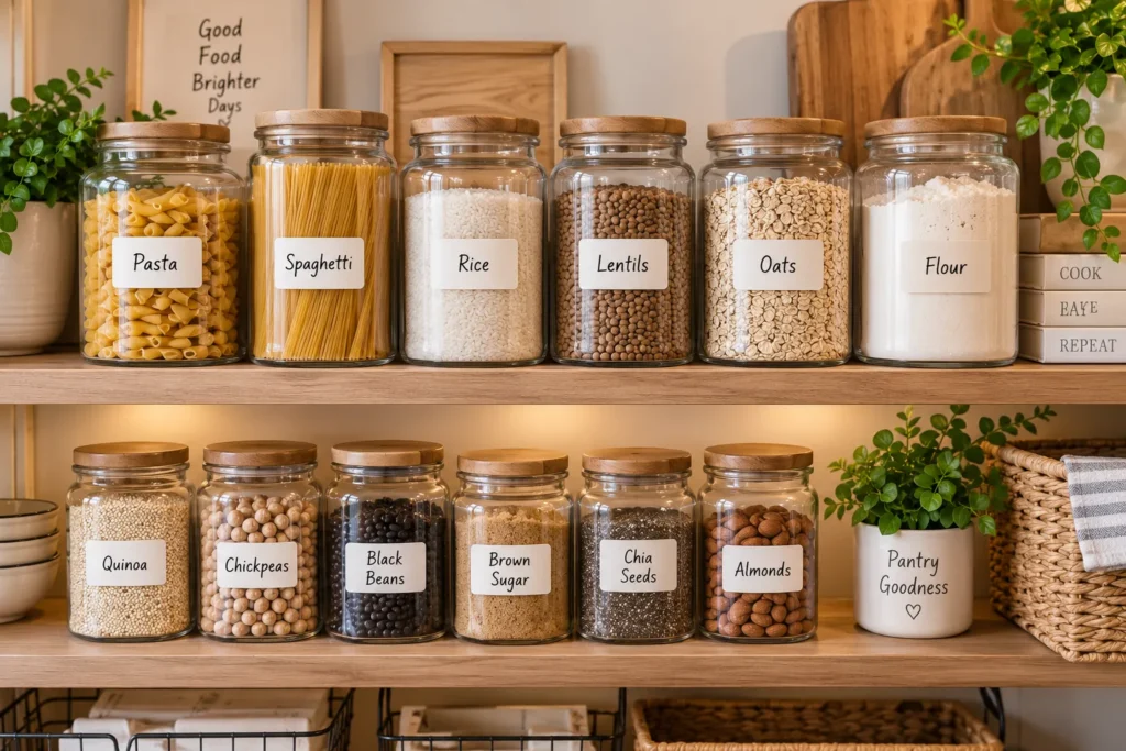 10 Simple Storage Ideas to Organize Every Room 11 Labeled glass jars organized on a pantry shelf
