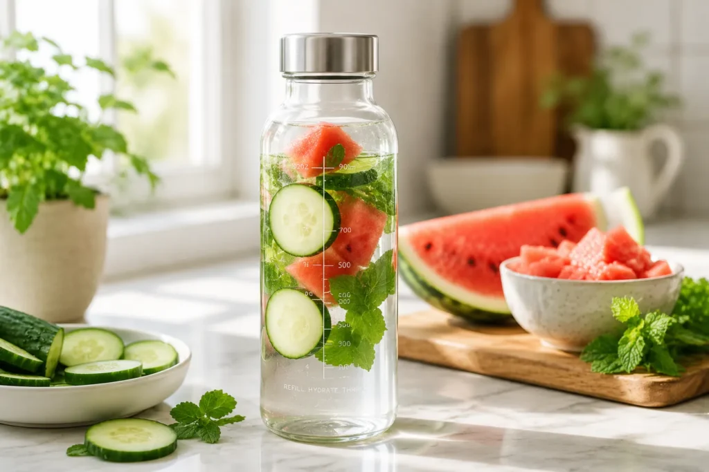 10 Skin Protection Secrets for a Youthful Glow 7 Water bottle with cucumber and watermelon for skin hydration