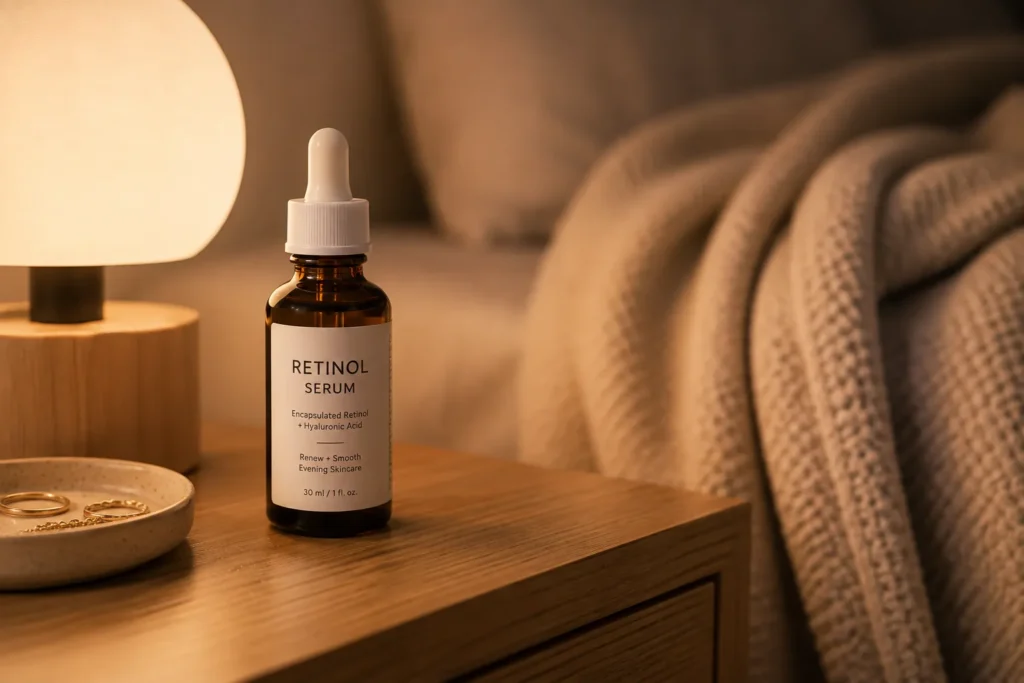 10 Skin Protection Secrets for a Youthful Glow 9 Retinol serum bottle on a nightstand for nighttime skincare routine