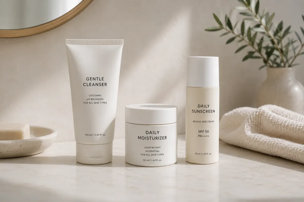 10 Skin Protection Secrets for a Youthful Glow 11 Simple three step skincare routine with cleanser, moisturizer, and sunscreen