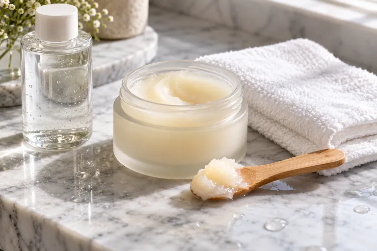 10 Skincare Routine Steps for Smooth, Radiant Skin 3 Glass jar of cleansing balm with wooden spatula and folded washcloth on a marble counter for a nighttime double cleanse