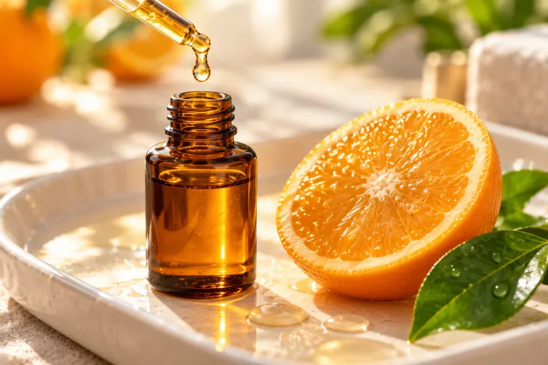10 Skincare Routine Steps for Smooth, Radiant Skin 5 Amber dropper bottle of vitamin C serum with a golden drop and a fresh orange slice for a bright morning skincare routine