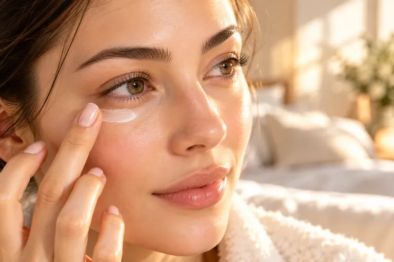10 Skincare Routine Steps for Smooth, Radiant Skin 7 Woman gently tapping eye cream under her eye with her ring finger in soft morning light