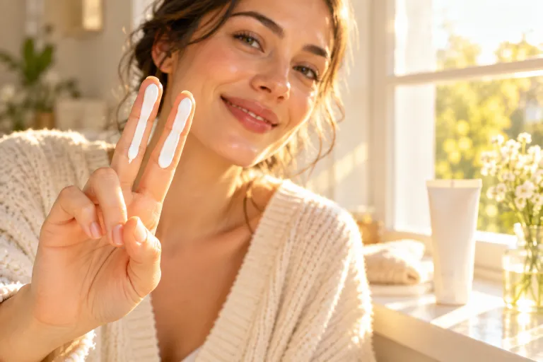 10 Skincare Routine Steps for Smooth, Radiant Skin 9 Two lines of sunscreen squeezed onto a woman's fingers with a sunlit window behind her, showing daily SPF as the final morning step