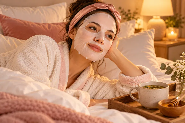 10 Skincare Routine Steps for Smooth, Radiant Skin 11 Woman relaxing with a white sheet mask on her face and a cup of herbal tea beside her as a weekly self-care skincare step