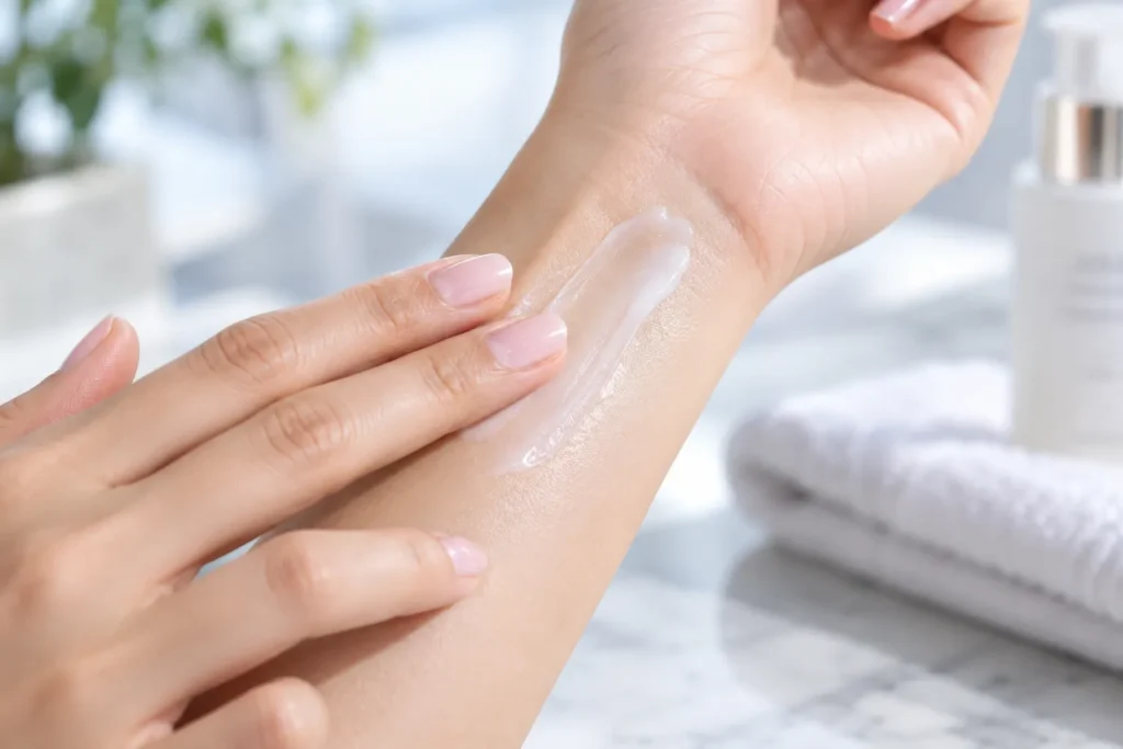 10 SPF 15 Sunscreens for Everyday Skin Protection 3 Hand applying lightweight oil-free SPF 15 lotion to the wrist