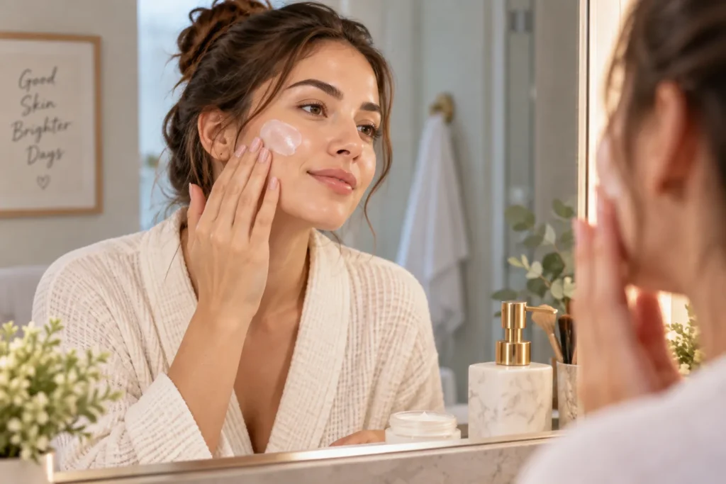 10 SPF 15 Sunscreens for Everyday Skin Protection 5 Woman applying SPF 15 face lotion evenly across her cheeks and jawline
