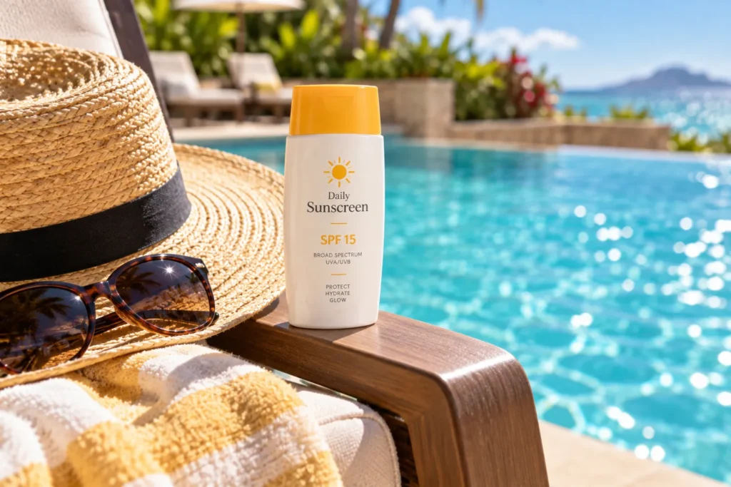 10 SPF 15 Sunscreens for Everyday Skin Protection 7 SPF 15 sunscreen bottle beside a straw hat on a poolside lounge chair
