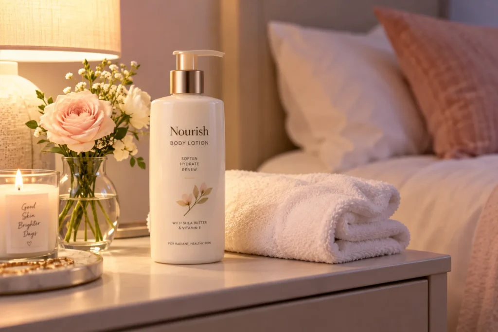 10 SPF 15 Sunscreens for Everyday Skin Protection 9 SPF 15 body lotion on a nightstand beside a folded towel and fresh flowers