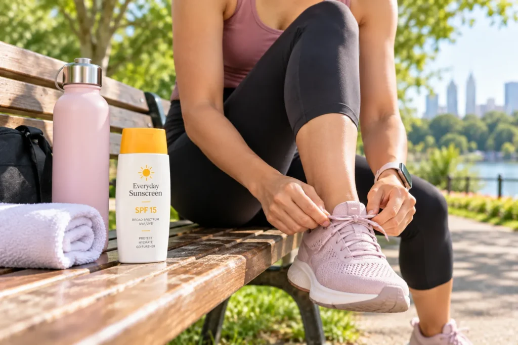 10 SPF 15 Sunscreens for Everyday Skin Protection 11 Person tying running shoes outdoors with a sport SPF 15 sunscreen bottle nearby