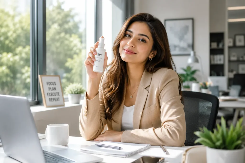 10 SPF Cream Tips for Healthy, Glowing Skin 5 Woman reapplying SPF setting spray at her desk near a sunny window