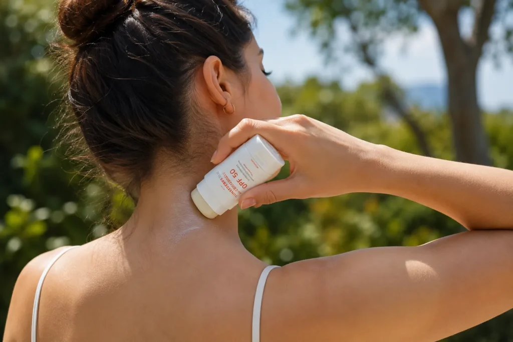 10 SPF Cream Tips for Healthy, Glowing Skin 9 Applying stick sunscreen to commonly missed spots like the neck
