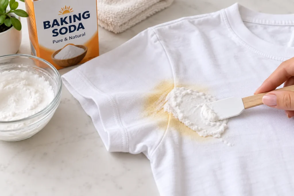 10 Fast Ways to Remove Stains On Clothes Today 5 White cotton shirt with baking soda paste applied to underarm sweat stain
