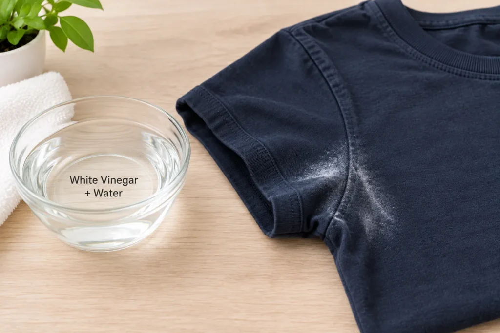 10 Fast Ways to Remove Stains On Clothes Today 7 Bowl of white vinegar and water beside a dark shirt with deodorant marks